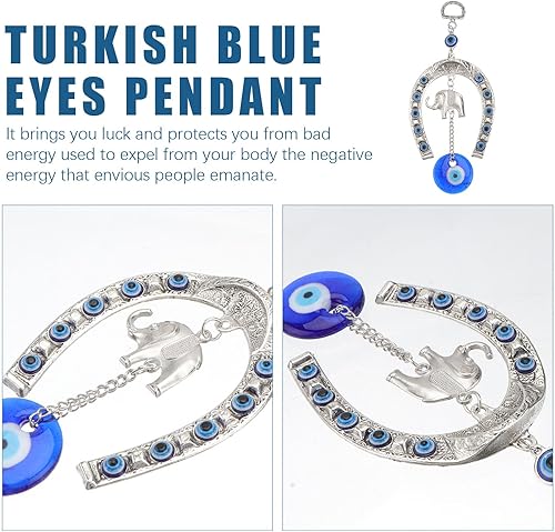 Miniatura 6 de Zapato de caballo de plata turca, adorno colgante de ojo malvado azul elefante y herradura, protección del hogar y amuleto turco de buena suerte