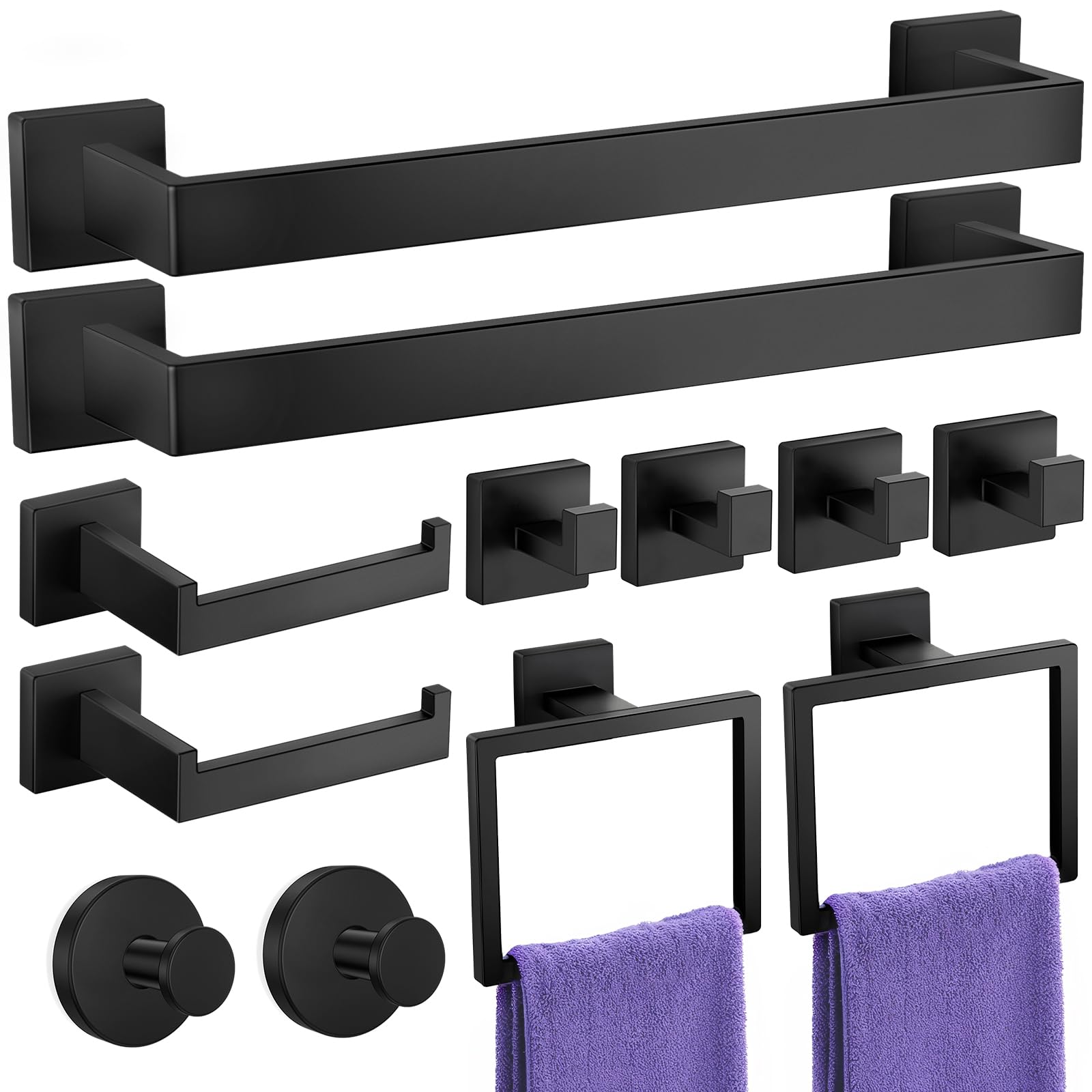 Juego de accesorios de baño: juego de 12 toallas de baño, toalleros para montaje en pared, acero inoxidable SUS304, negro mate