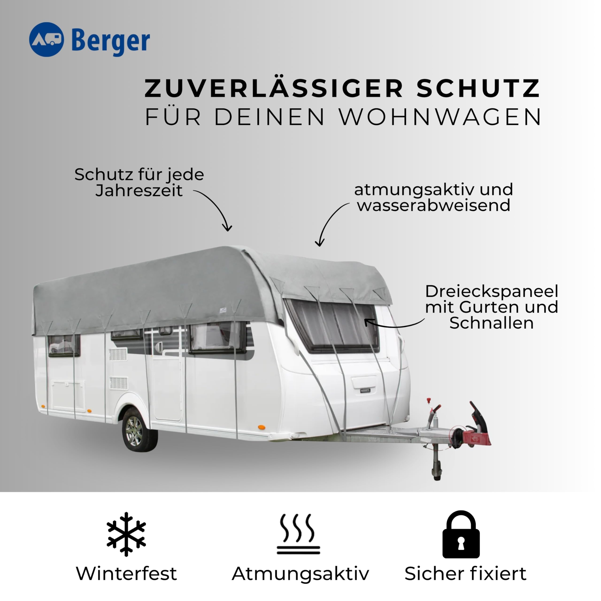 BERGER Dachschutzplane Wohnwagen Schutzhülle | Wetterfeste Wohnwagenabbdeckung in 9 Größen: 450–850 x 390 cm | Atmungsaktive Wohnwagenplane mit Tragebeutel & Spanngurten (600 x 390 cm)