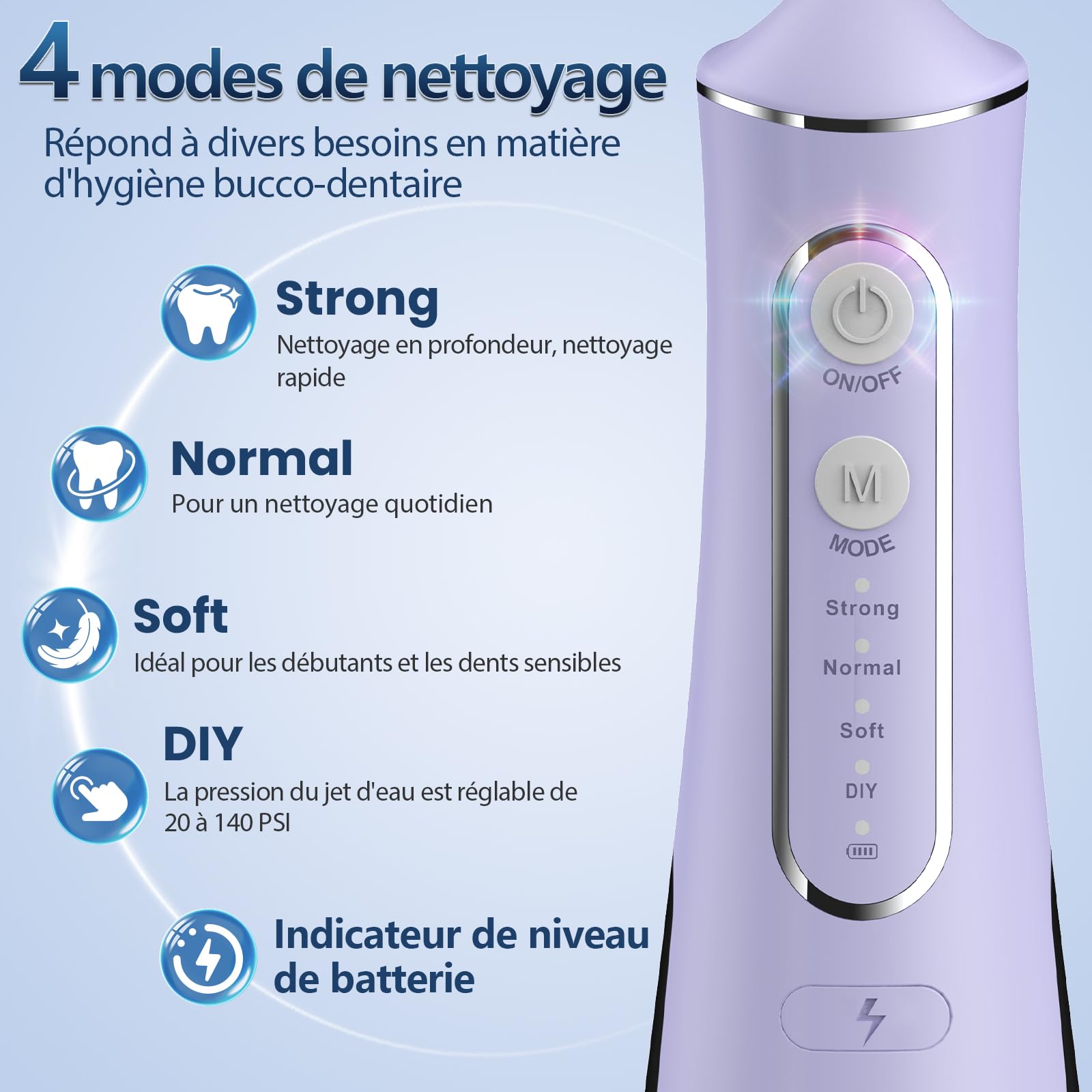 OasiSmile Jet Dentaire Hydropulseur: 5 Embouts Rotatifs 360°, 4 Modes & DIY Pression Réglable, Nettoyage Dents, Irrigateur Oral Étanche IPX7, Hydropulseur Portable 300 ML, Maison et Voyage, Violet