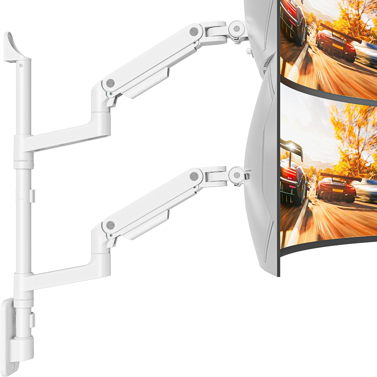 ARES WING Soporte de pared para monitor dual para pantallas ultraanchas de 17 a 49 pulgadas, blanco | Brazo para monitor de montaje en pared resistente con capacidad para 44 libras cada uno, brazo para monitor con resorte de gas totalmente ajustable, montaje VESA 75x75/100x100