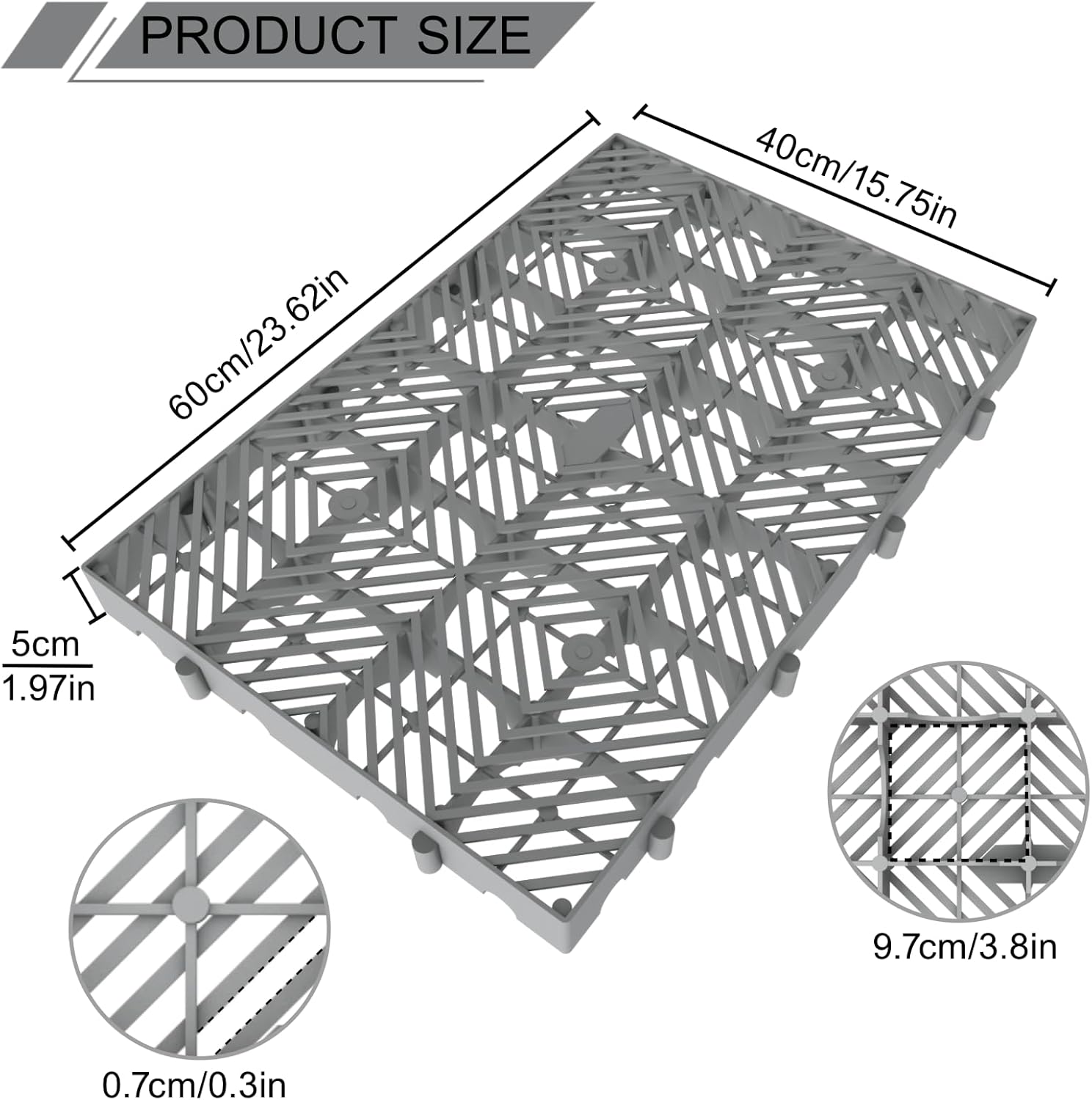 Plastic Pallet, 5pcs 23.6x15.7x2IN Grey Waterproof Storage Grid Pad, Lightweight Nestable Floor Pallets, HDPE Breathable Grids Article Racks for Garage Supermarket Basement