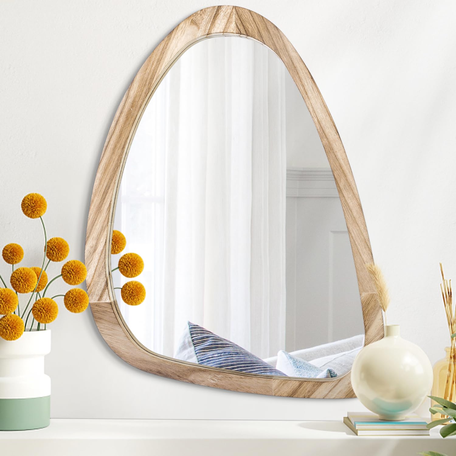 Espejo de pared de madera para dormitorio, marco ovalado irregular, espejo asimétrico para pared, tocador, baño, sala de estar, dormitorio, entrada, pasillo, moderno, único, decorativo, artístico,