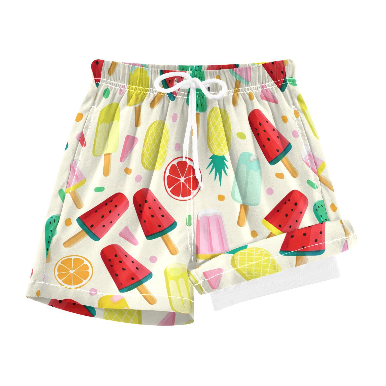 YANENDIE Boy Swim Trunks with Compression Liner Colorful Popsicles Boys Swim Shorts Quick Dry Beach Shorts