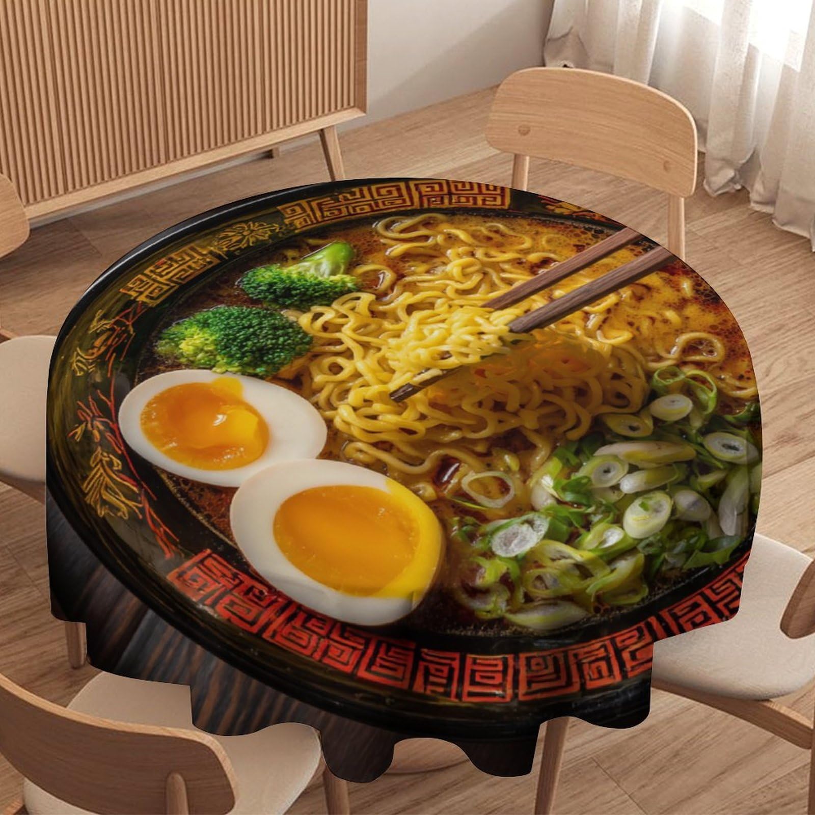 LUYYSKY Vintage Funny Ramen Noodle Round Tablecloth Colorful Watercolor Japanese Food Ramen Theme Washable Decor for Table Cover for Kitchen-127 Wx127 L cm