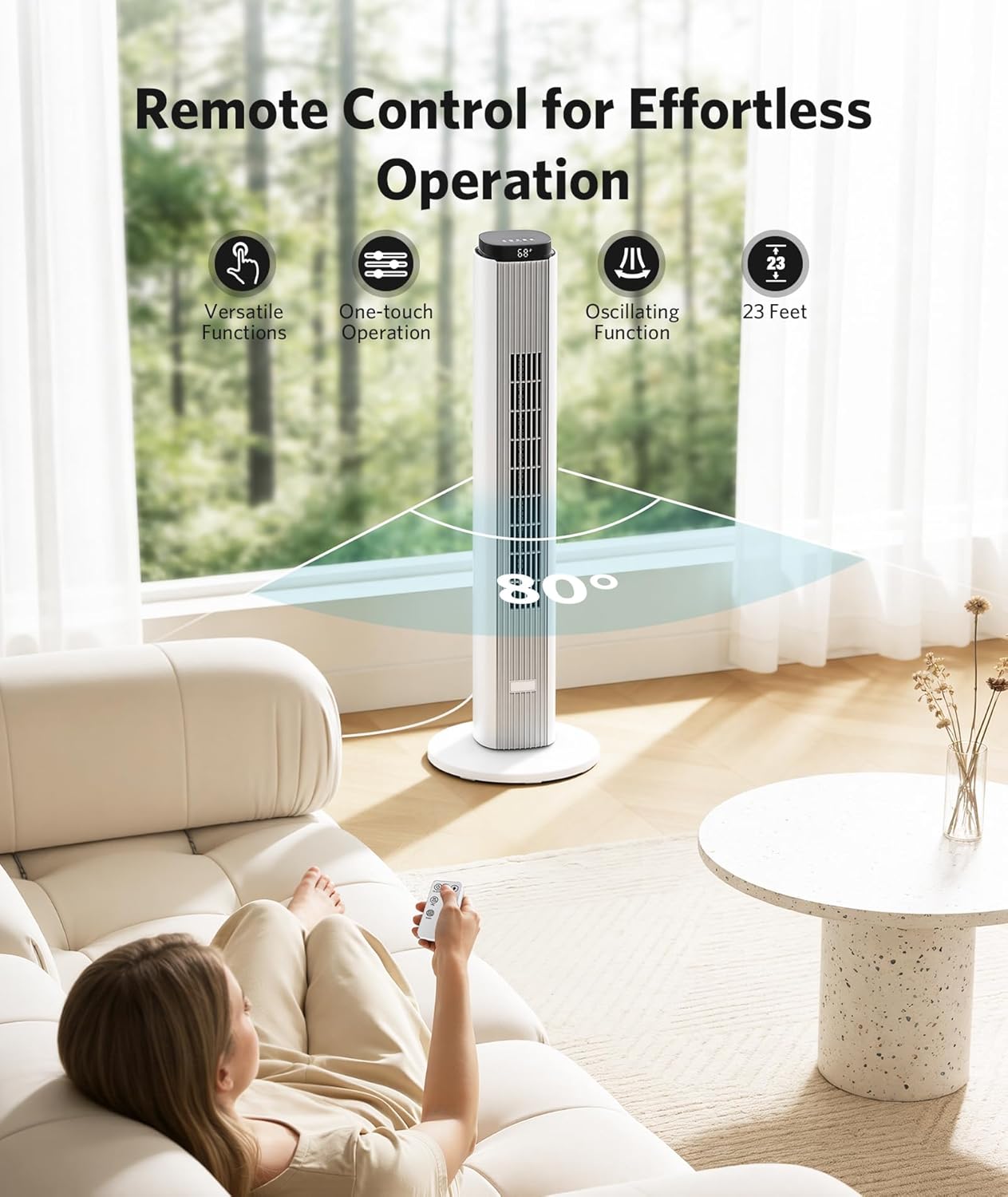 Electactic Tower Fan for Bedroom 23ft/s Electric Standing Fan with Remote Quiet Bladeless Oscillating Fan for Indoor, 4 Mode, 6 Speeds, 12H Timer for Home Office, 37", White