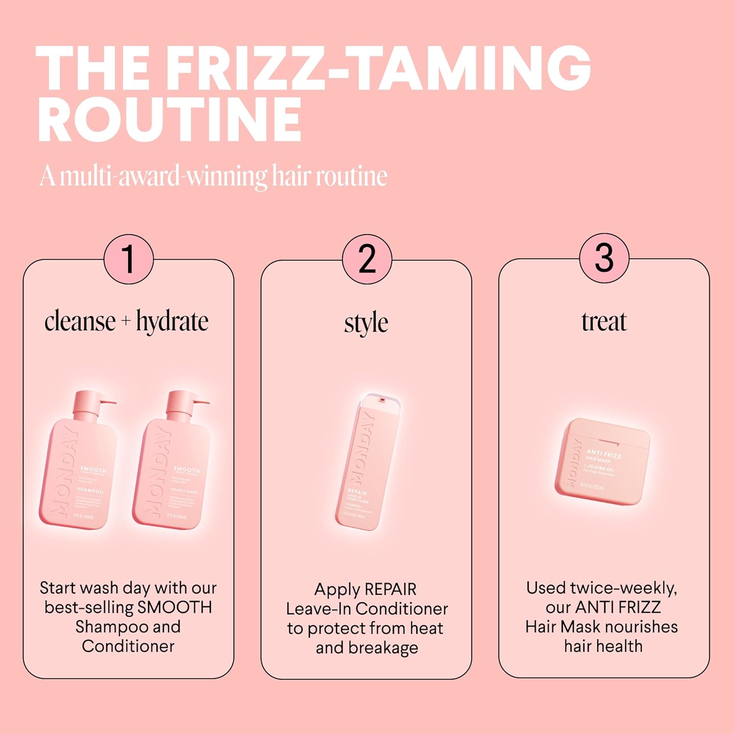 MONDAY HAIRCARE Smooth Shampoo + Conditioner Bathroom Set (2 Count) 12 oz Each For Frizzy, Coarse & Curly Hair Made with Coconut Oil, Shea Butter & Vitamin E 100% Recyclable Bottle Pink - Image 8