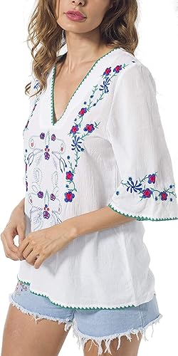 Miniatura 7 de YZXDORWJ Blusas estilo túnica mexicanas con bordado bohemio de verano para mujer