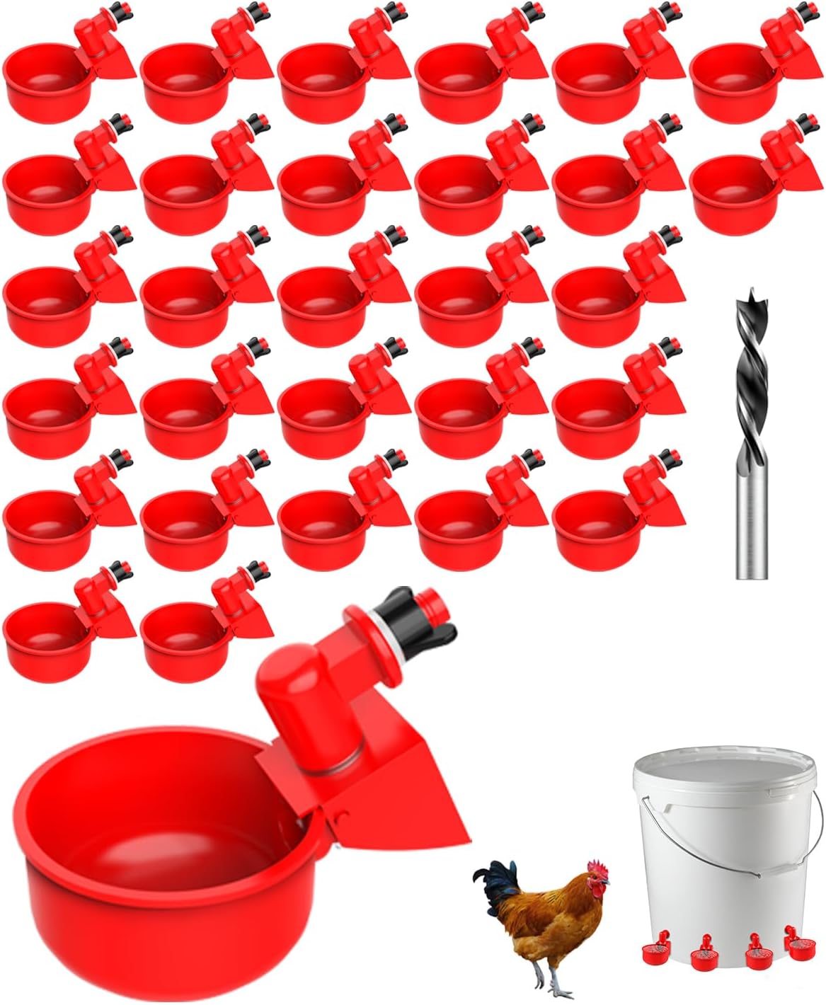 ​Professional Chicken Waterer Cups, 30 Packs Large Automatic Poultry Water Feeder with Tee Fittings - Leakproof Design for Ducks, Chickens, Geese, Turkeys, Birds - Includes Mounting Hole Opener Tool