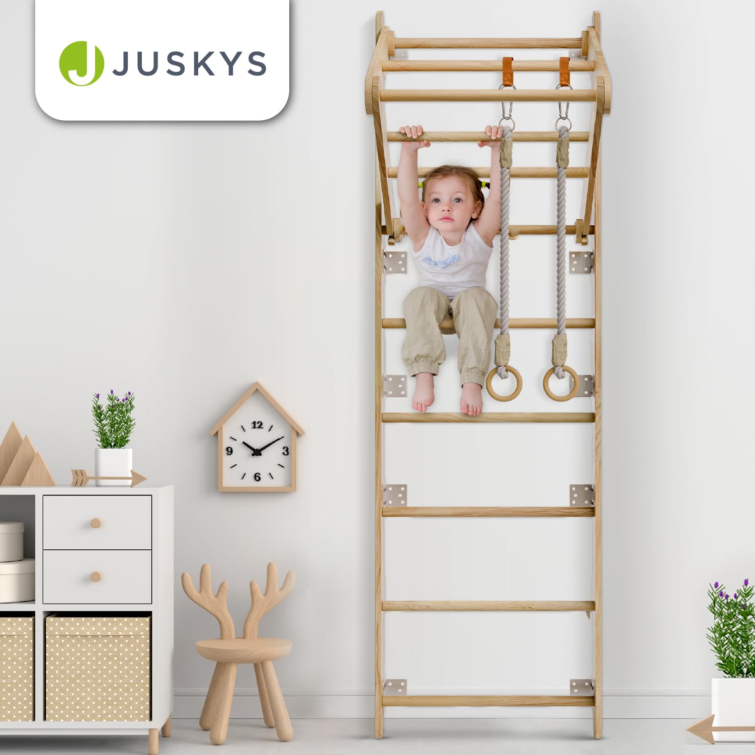 Juskys spalliera per bambini - con barra di trazione, struttura di arrampicata per interni con anelli ginnici e scala di corda, parete di arrampicata per la stanza dei bambini, barra ginnica