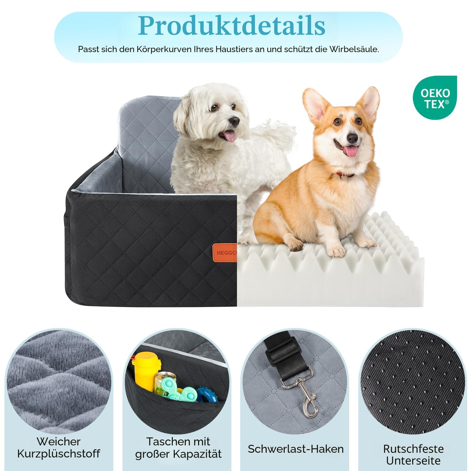 Hunde autositz für mittlerer/große Hunde, Hundeautositz für mittlerer oder 2 kleine Hund, Abnehmbarer & waschbarer Hundesitz Auto, Hundebett Auto für den Rücksitz mit 2 Sicherheitsleinen