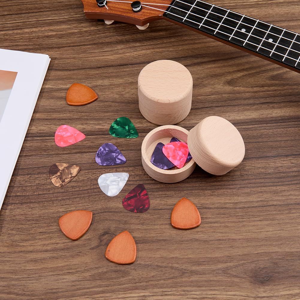 SUPERFINDINGS 2 Wooden Guitar Pick Holder Box Case Set with 4 Wood Picks and 12 Celluloid Picks Mini Jewelry Box Premium Gift for Men Guitarists Guitar Players Music Lovers image 3