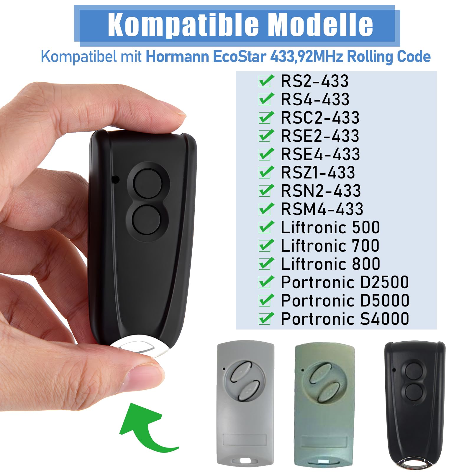 pepape 2 pezzi apriporta del garage telecomando per trasmettitore manuale EcoStar RSC2-433 RSE2-433, con fondo in metallo, compatibile con azionamento per porta del garage Hörmann Liftronic 500/700