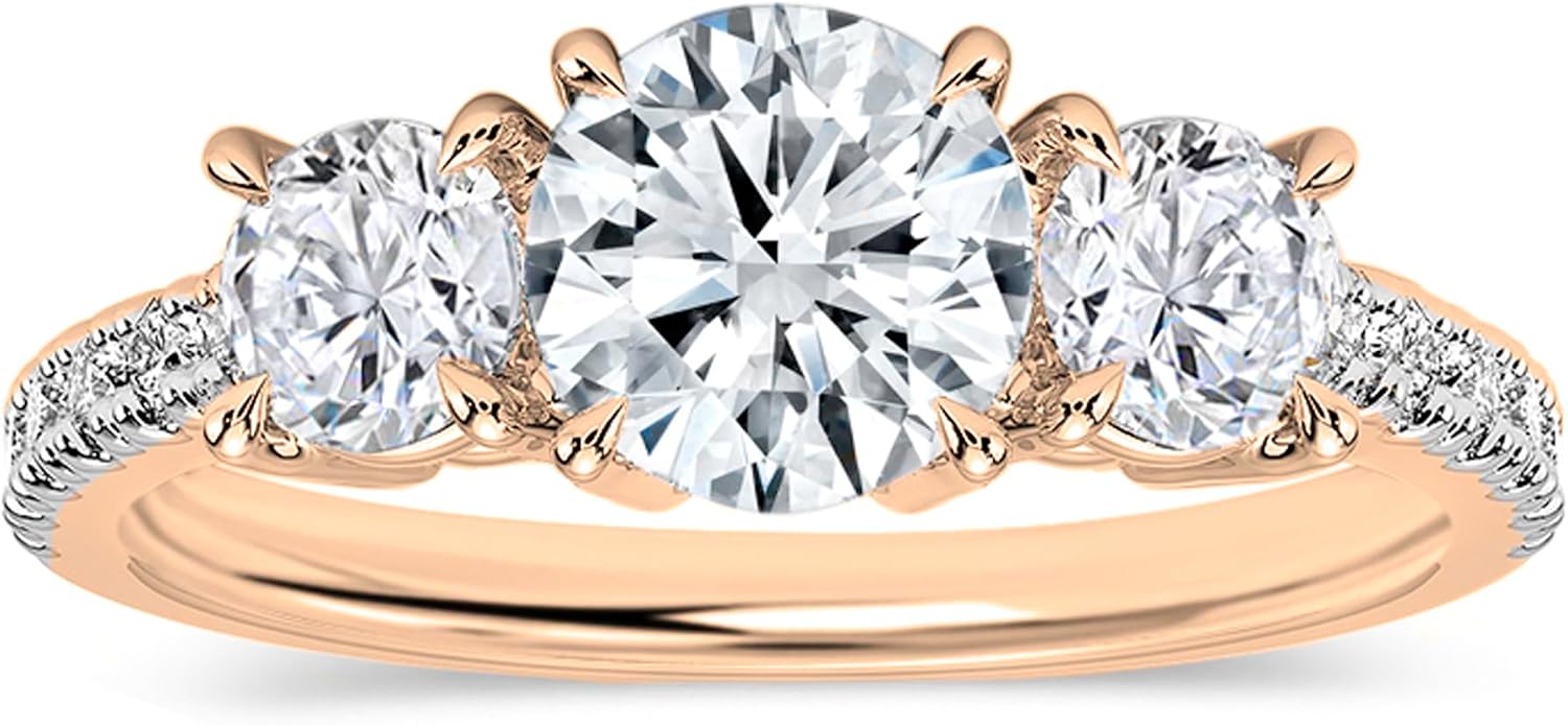 Round Lab Grown White Diamond Three Stone Engagement Ring for Women in 10K Solid Gold
