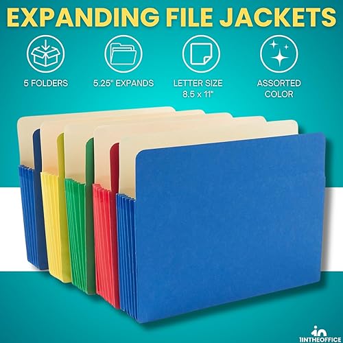 Miniatura 2 de 1InTheOffice Archivadores tamaño carta, bolsillos expandibles para archivos, expansión de 5.25 pulgadas, colores surtidos, paquete de 5