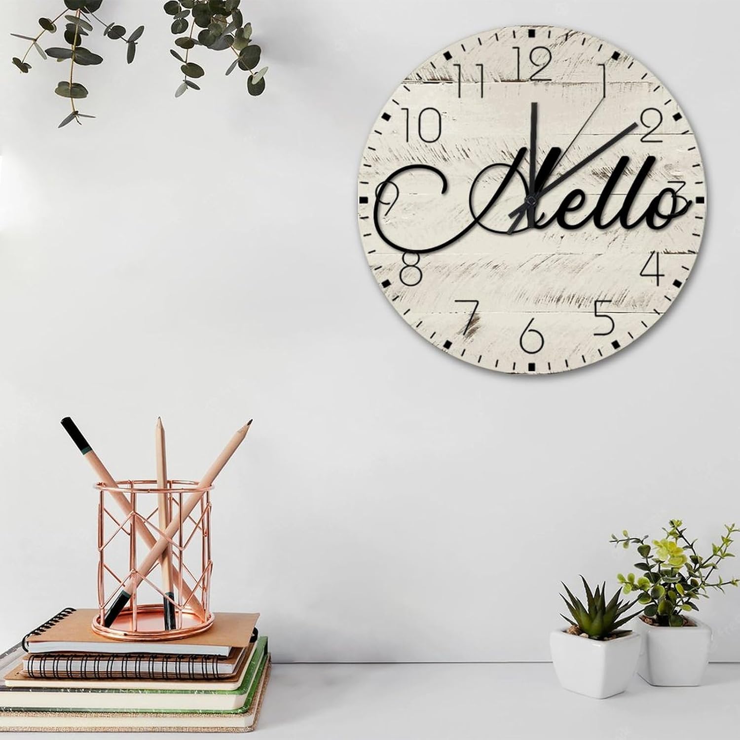 Wood Hanging Wall Clock Non-Ticking Quartz Battery Operated Hello Rustic Wall Clocks Cursive Word Art Black Letters Wall Decor for Warehouse Office Children's Room 15 Inch