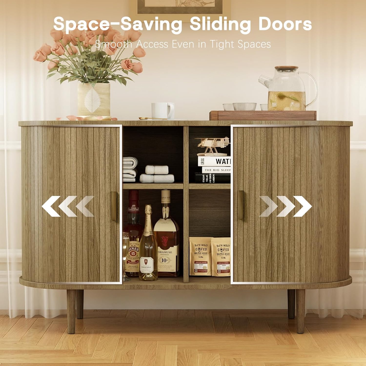 Fluted Sideboard Buffet Cabinet with Storage, 47" Mid-Century Modern Console Table with Sliding Doors, Wood Credenza for Dining Room, Coffee Bar Station, Brown