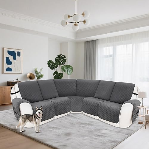 Miniatura 8 de Fundas para sofá modular reclinable, 100% impermeable, de terciopelo en forma de L, para perros y mascotas, lavables, antideslizantes, con bolsillos