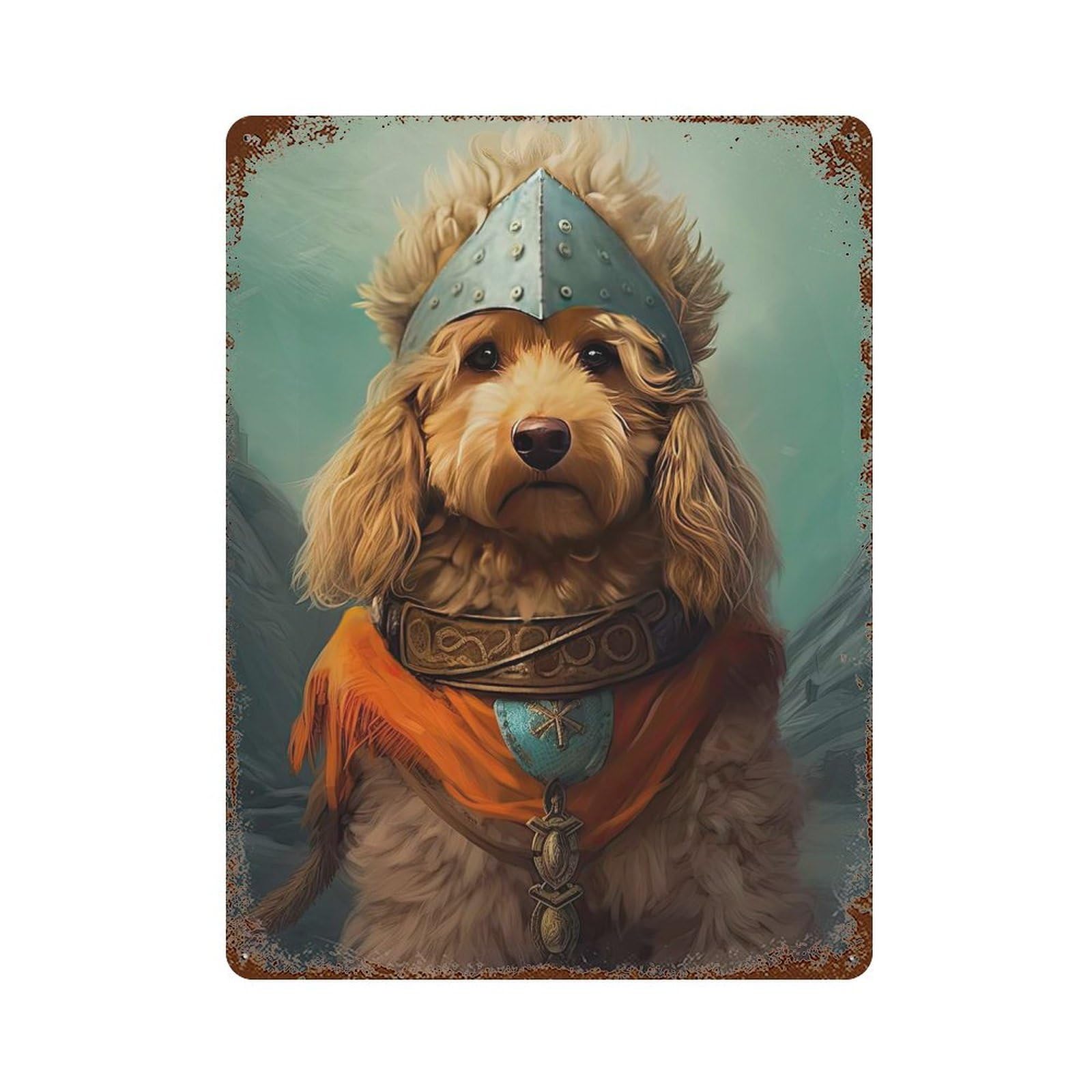 Goldendoodle Viking Rusty Metal Tin Sign 15.7"x11.8", Rustic Home Decor for Living Room, Hallway And Home Decor