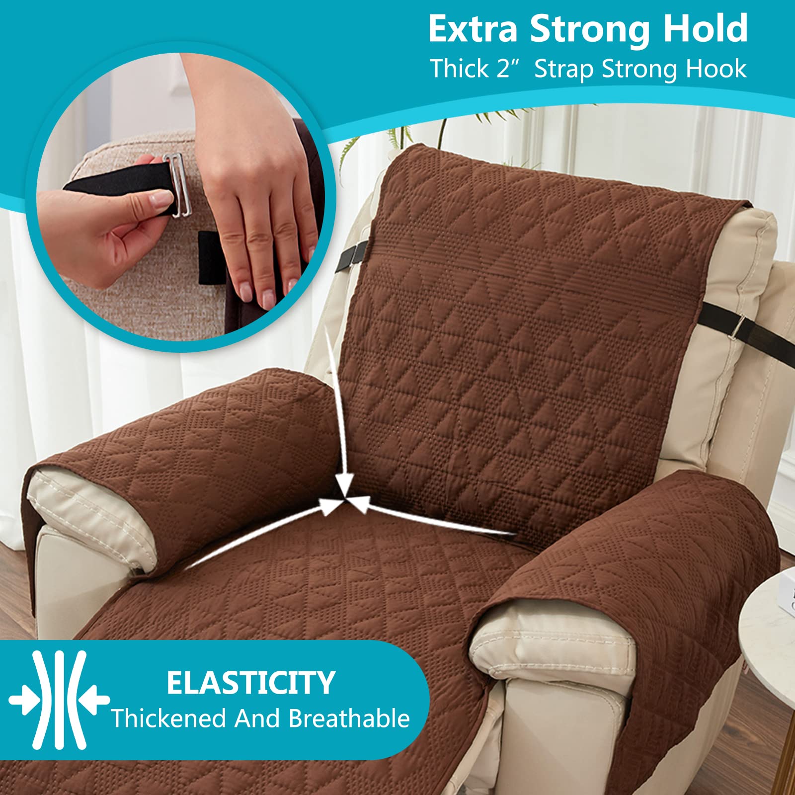 PETCUTE Recliner Chair Covers for Armchairs Recliner Covers,Water Repellent Sofa Slipovers 1 Seater with Elastic Strap,Reversible Chair Sofa Cover Furniture Protectors for Kids Pets,Coffee - Image 4