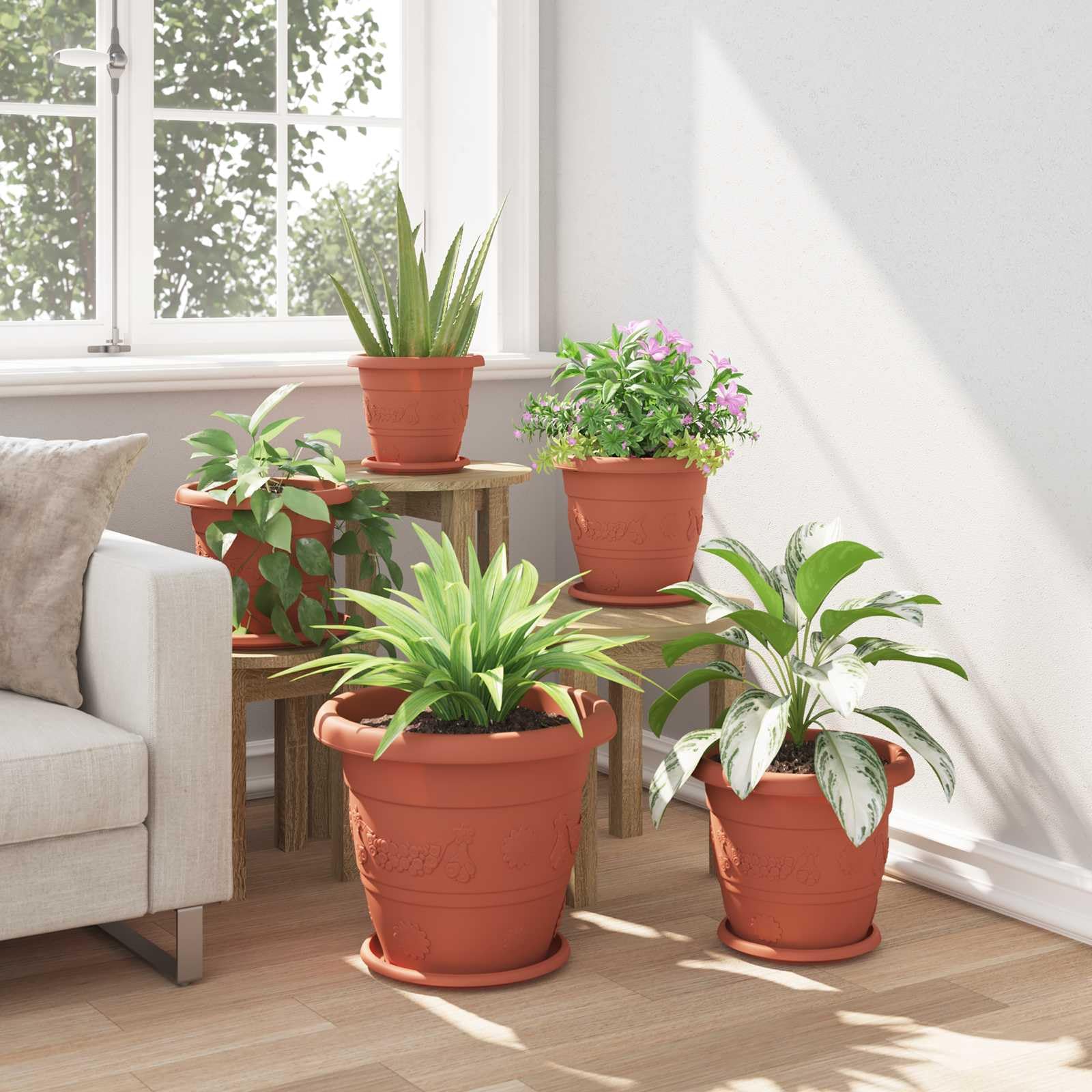 24er Set Blumentöpfe Ø 39 cm Ziegelrot, Moderne Pflanzkübel aus Kunststoff für Außen und Innen, Große Runde Pflanzgefäße mit Drainage für Garten Terrasse Balkon, 39x32 cm