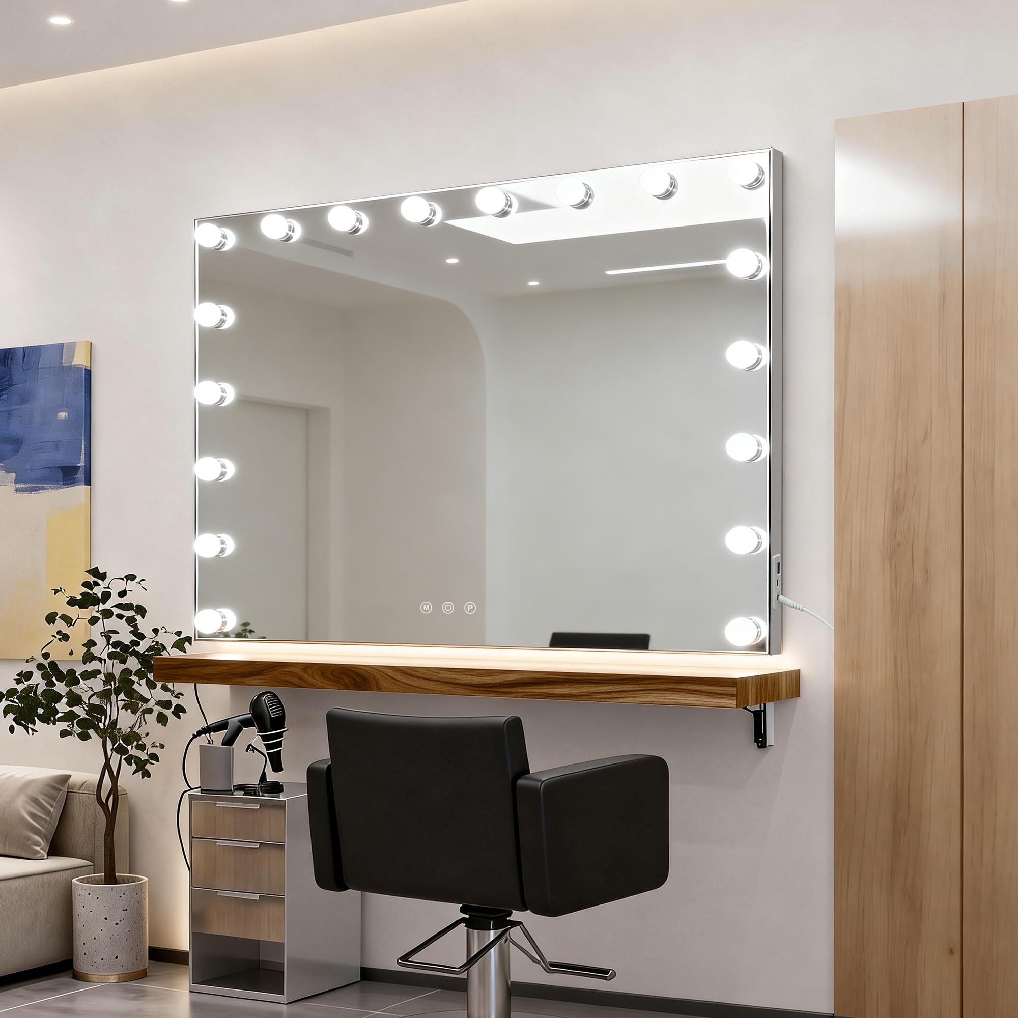 MIQU Espejo Maquillaje con Luz 80x60cm,Espejo Tocador Hollywood con 18 Bombillas LED,3 Modos de Luz,Intensidad Ajustable,con Puerto USB/Type-C,Aumento,Control Táctil,para Mesa o Pared