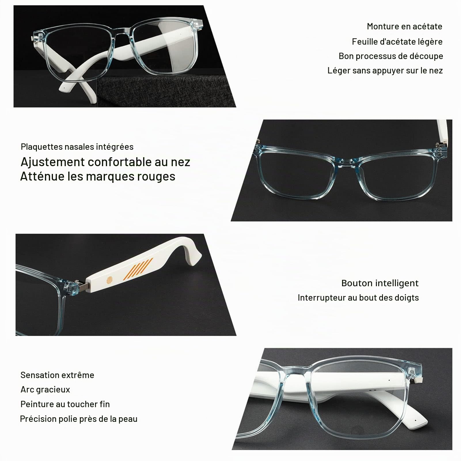 ASHATA Lunettes Bluetooth, Lunettes de étanches IP65, Lunettes de Musique sans Fil à Commande Tactile électronique avec écouteurs à Moitié Ouverts pour Les Jeux, Les Réunions, Les