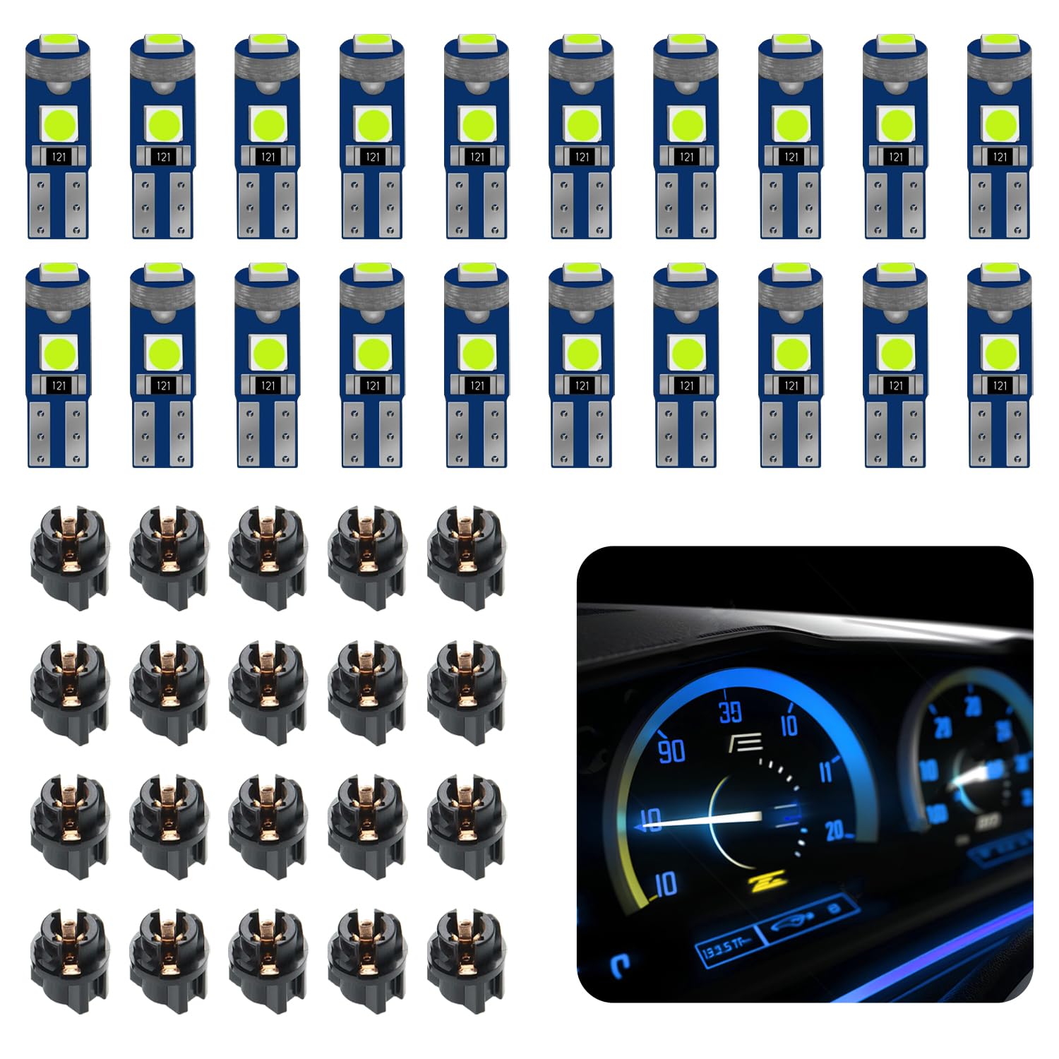 SamWinGear 20PCS 74 LED Bulb T5 Led Dash Light Bulbs, T5 37 74 2721 Instrument Cluster Bulbs Kit with Twist Lock Socket PC74 PC37, Dashboard Indicator