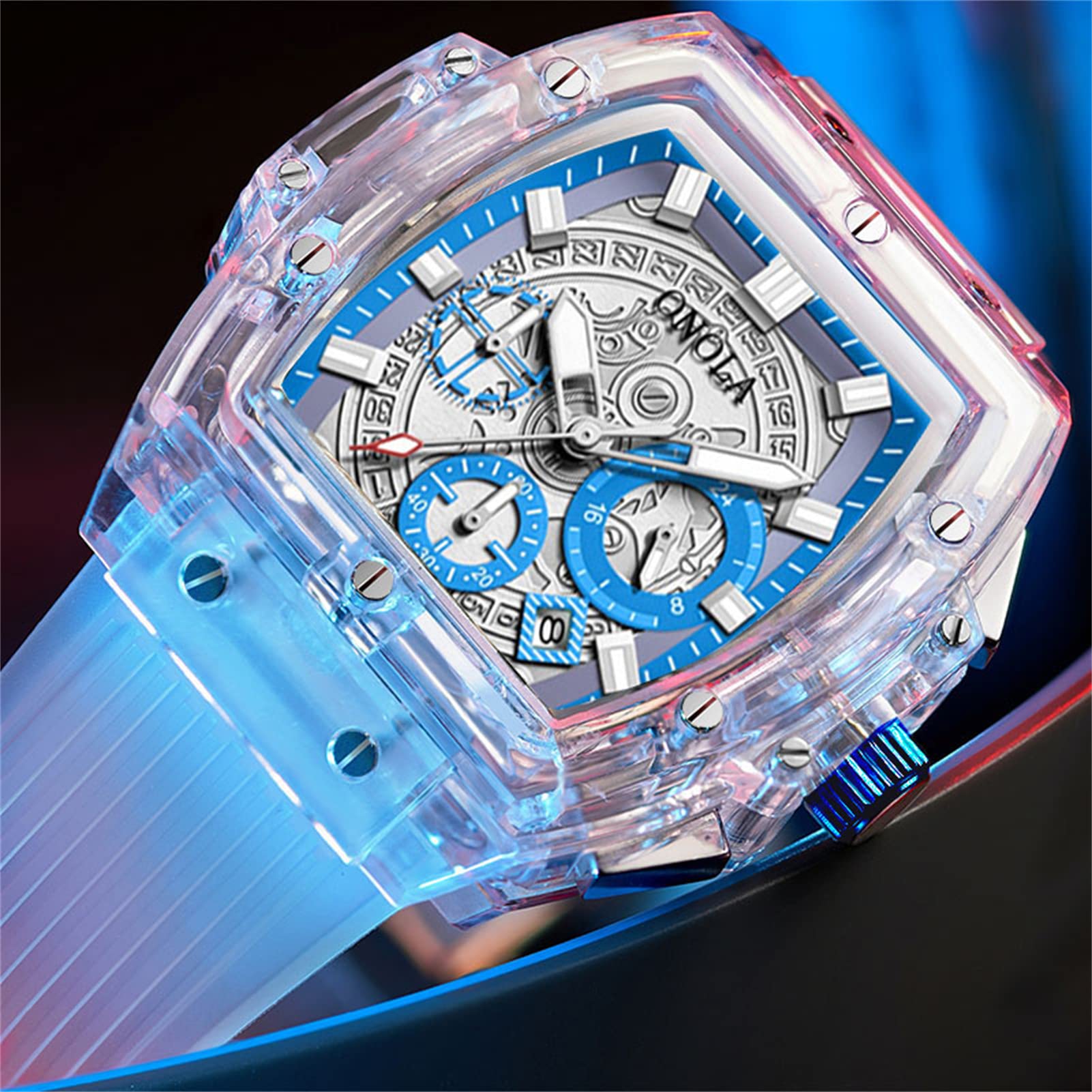 Relojes de cuarzo para hombre, cronógrafo analógico, esqueleto, rectángulo, esfera grande, reloj de moda para hombre, con correa de silicona, casual de negocios, Todo azul.