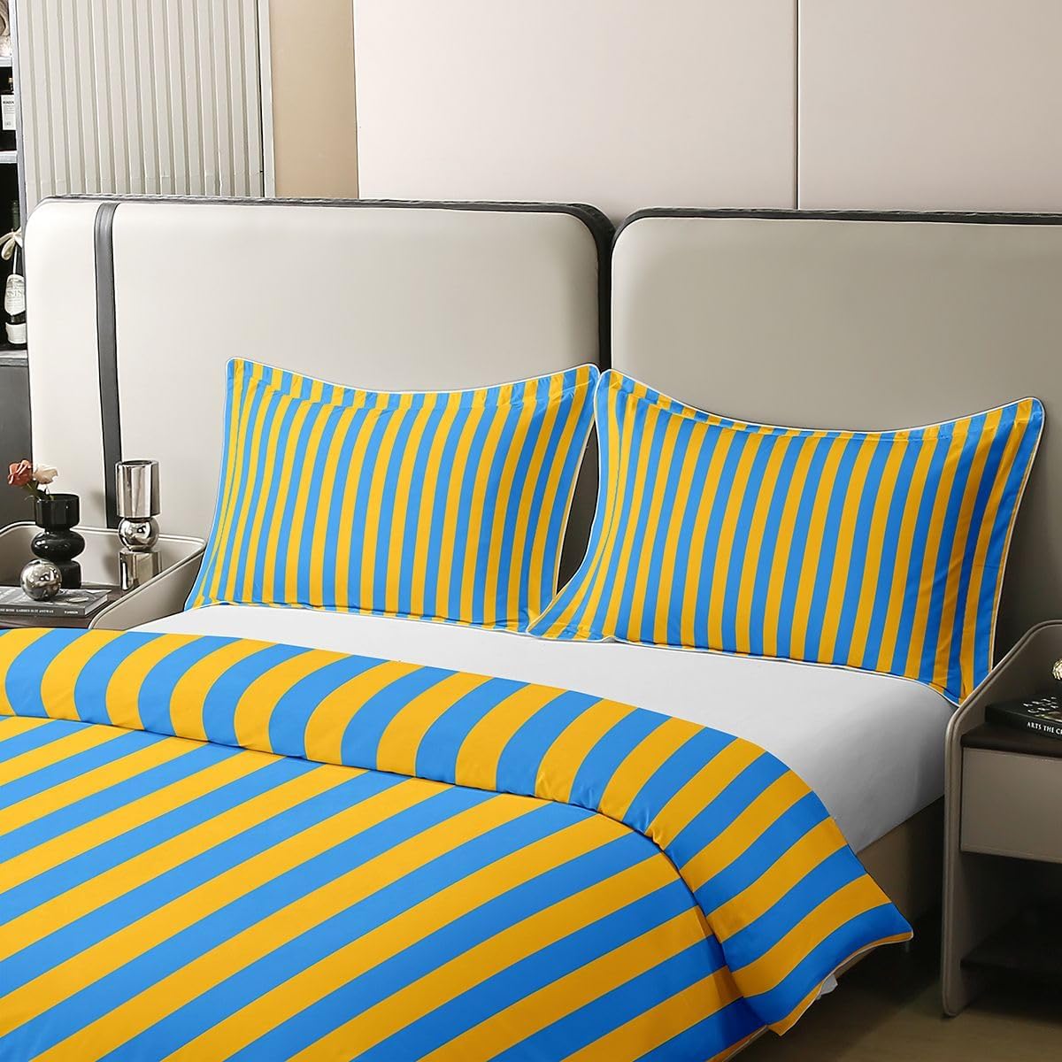 Feelyou Boys Girls Blue Yellow Striped Duvet Cover 100% Cotton King Size