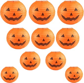 Kesoto Halloween Jack-O-Lantern Paper Lanterns - Pumpkin Hanging Lanterns for Home & Outdoor Decoration, Multi-Sized, Pack of 10