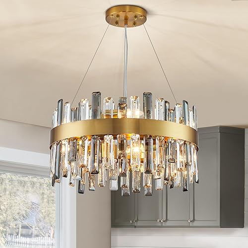Siljoy 19.7'' Modern Crystal Chandelier, 12-Light Gold Round Raindrop Chandelier Lighting, Luxury Adjustable Hanging Pendant Light Fixture for Living Dining Room Kitchen Island Bedroom Foyer