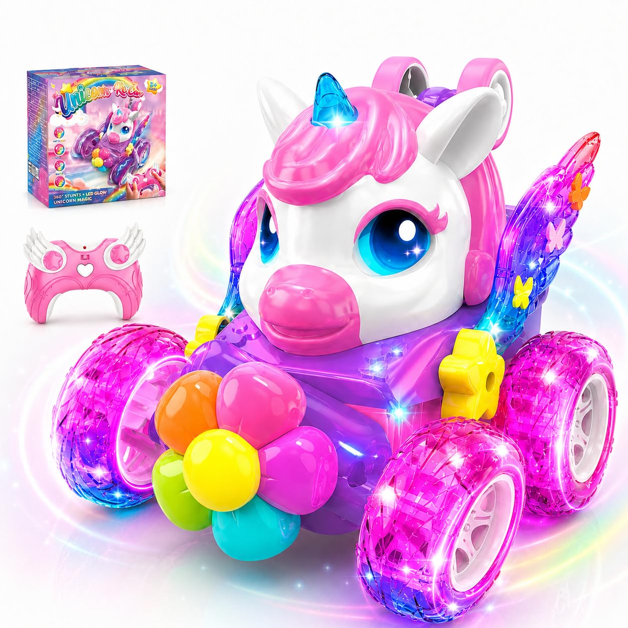 Unicorn Remote Control Cars Girls Toys Age 3-10, 2.4GHz RC Stunt Car with LED Light & 360° Flips, Unicorn Kids Toys for 3 4 5 6 7 8 Year Old Girls Gifts Birthday Present Easter for Kids