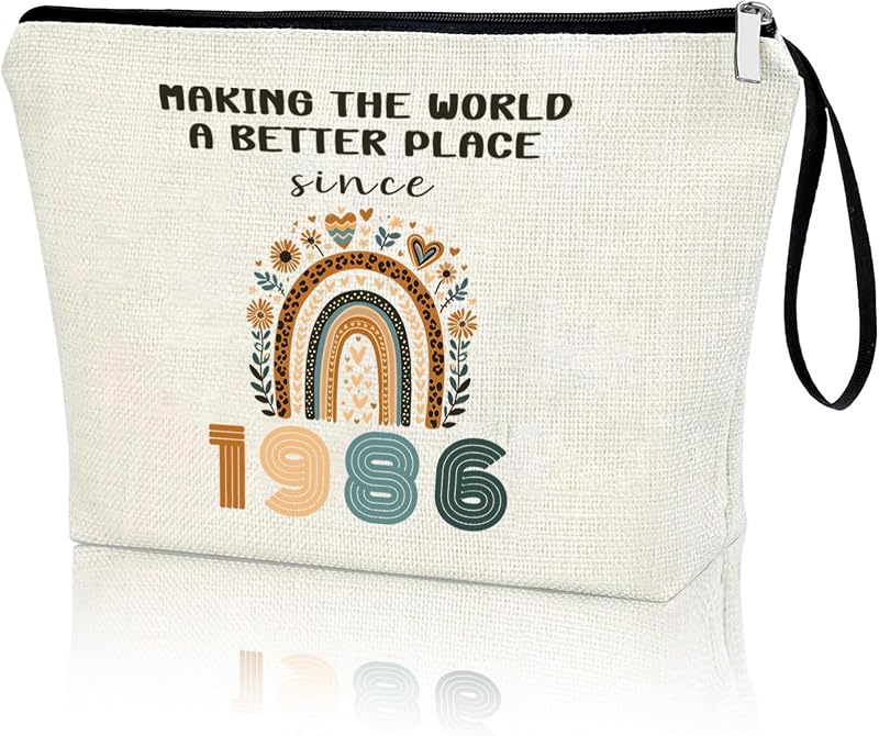 Necessaire de maquiagem APAKUTA com zíper e alça, linho branco, estampa “Making the World a Better Place Since 1986”, 20,07 cm x 18 cm x 4,98 cm
