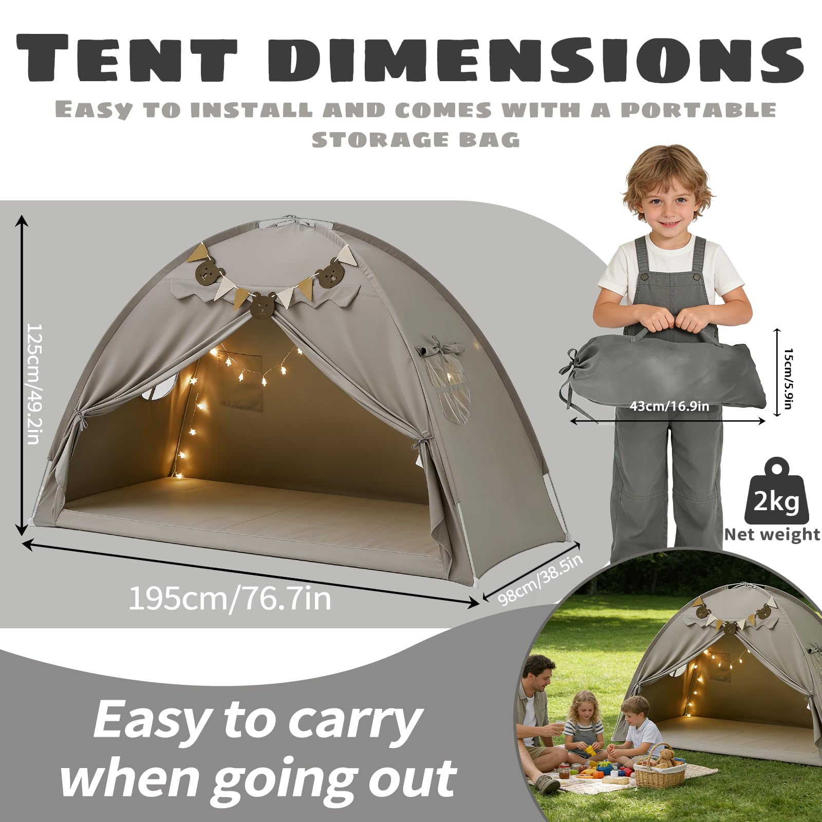 Kinderzelt Indoor Spielzelt Kinder Groß, 195 X 98 X 125 cm Kinderzimmer Spielhaus mit 2 Fenstern, Lichtkette & Fahnen, Maschinenwaschbar, für Spielzimmer, Party, Schneller Aufbau (Grau)