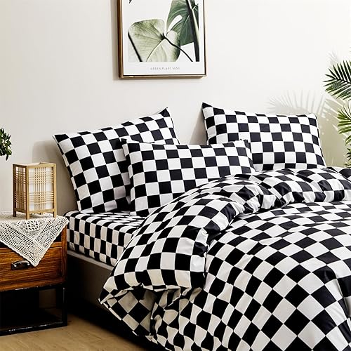 Miniatura 10 de Wellboo Sábanas de cama de cuadros de calabaza y blanco, tamaño matrimonial, color marrón claro, sábanas encimeras de cuadrícula de cuadros modernos