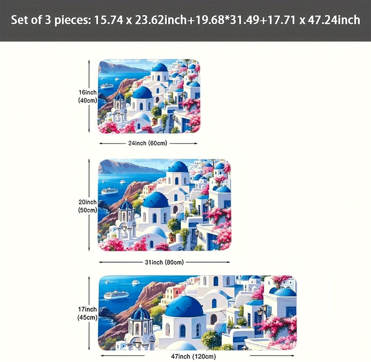 Santorini Seaside Town Kitchen Mats for Floor 3 Pcs Kitchen Rugs