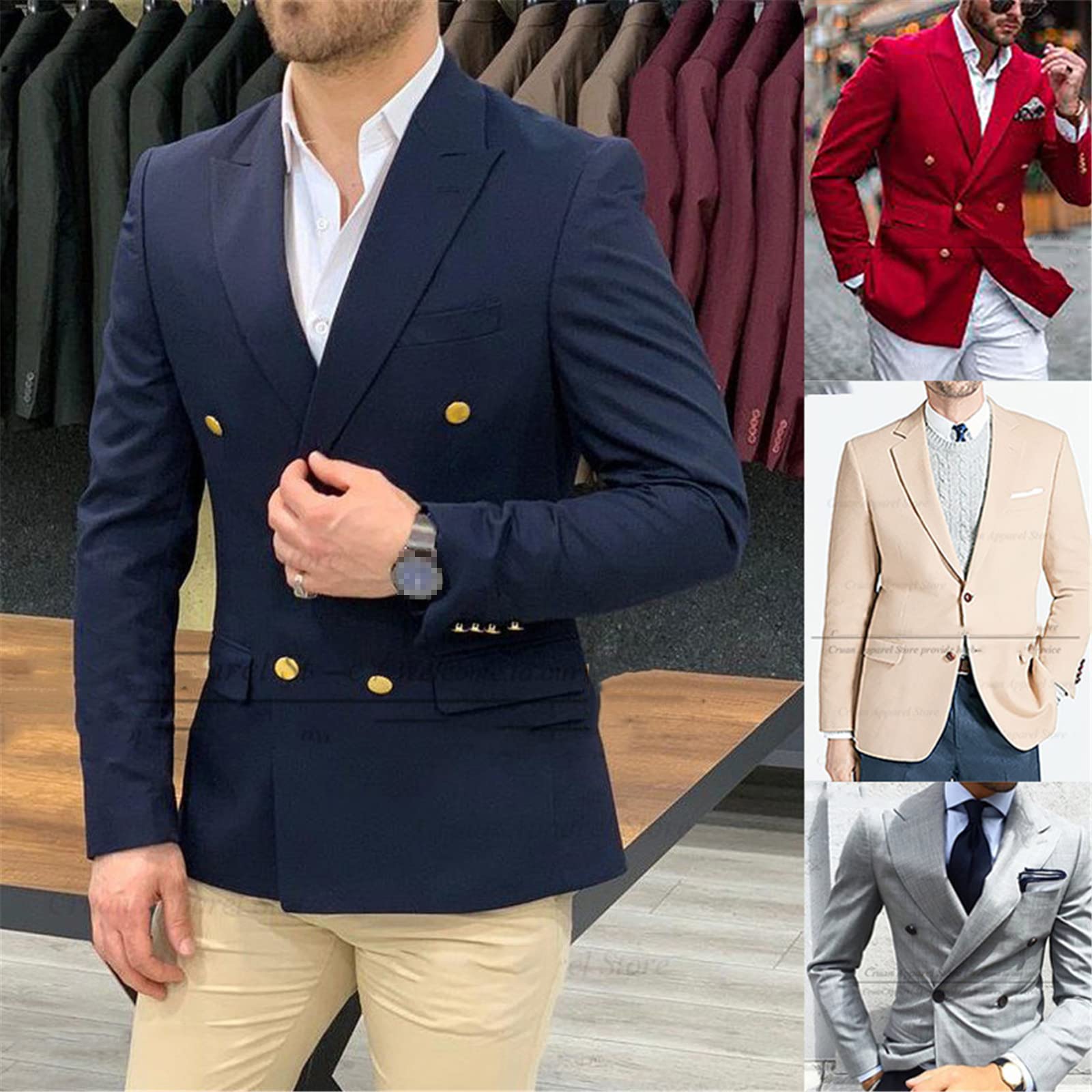 Navy Blu Wedding Blazer Uomo Gentleman Giacca Bottoni Oro Casual Slim Fit Doppio Petto Affari Cappotto