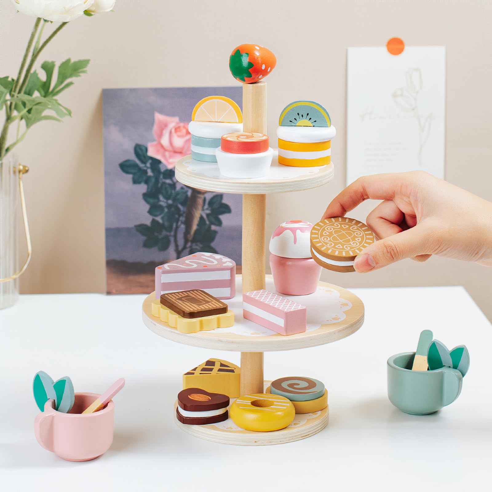 Wooden Dessert Cake Tea Party Set for Little Girls Toys, Pretend Play Kids Tea Set for Toddlers Wood Toys, Wooden Play Food Kitchen Accessories Sets for Kids (Dessert Tea)