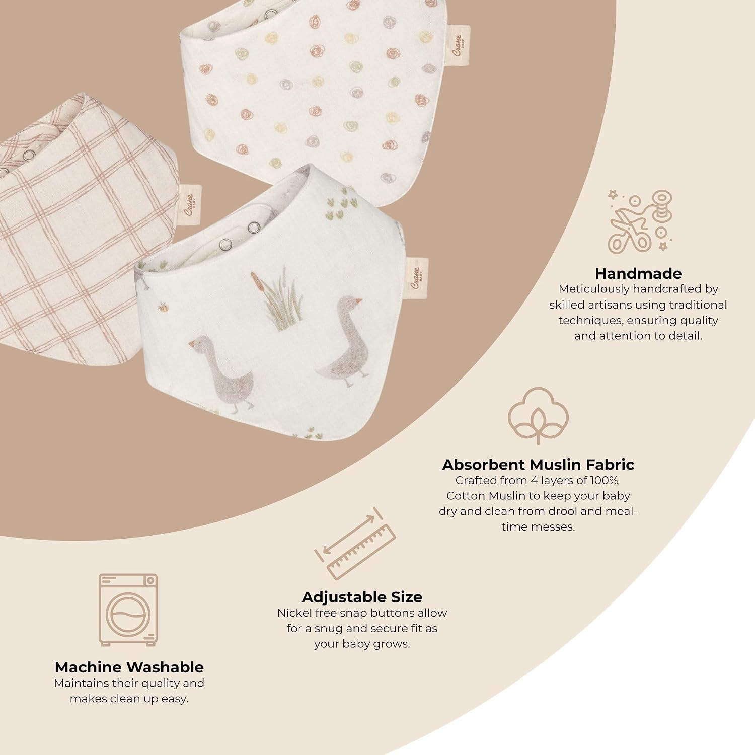 Crane Baby Cotton Bandana Bibs, Charlie Farmhouse Goose 3-pc. Set, Baby Bibs for Drooling and Teething, Rustic Farm Nursery Theme, Tractor Bib For Newborn, Bib For Babies