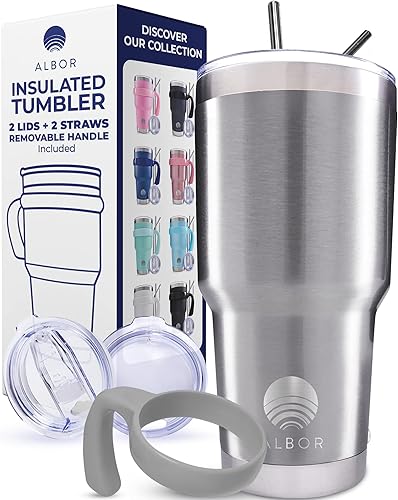 ALBOR - Vaso térmico de 30 oz con tapa y popote, taza de café con asa con tecnología de triple aislamiento, incluye 2 tapas, 2 popotes de metal,