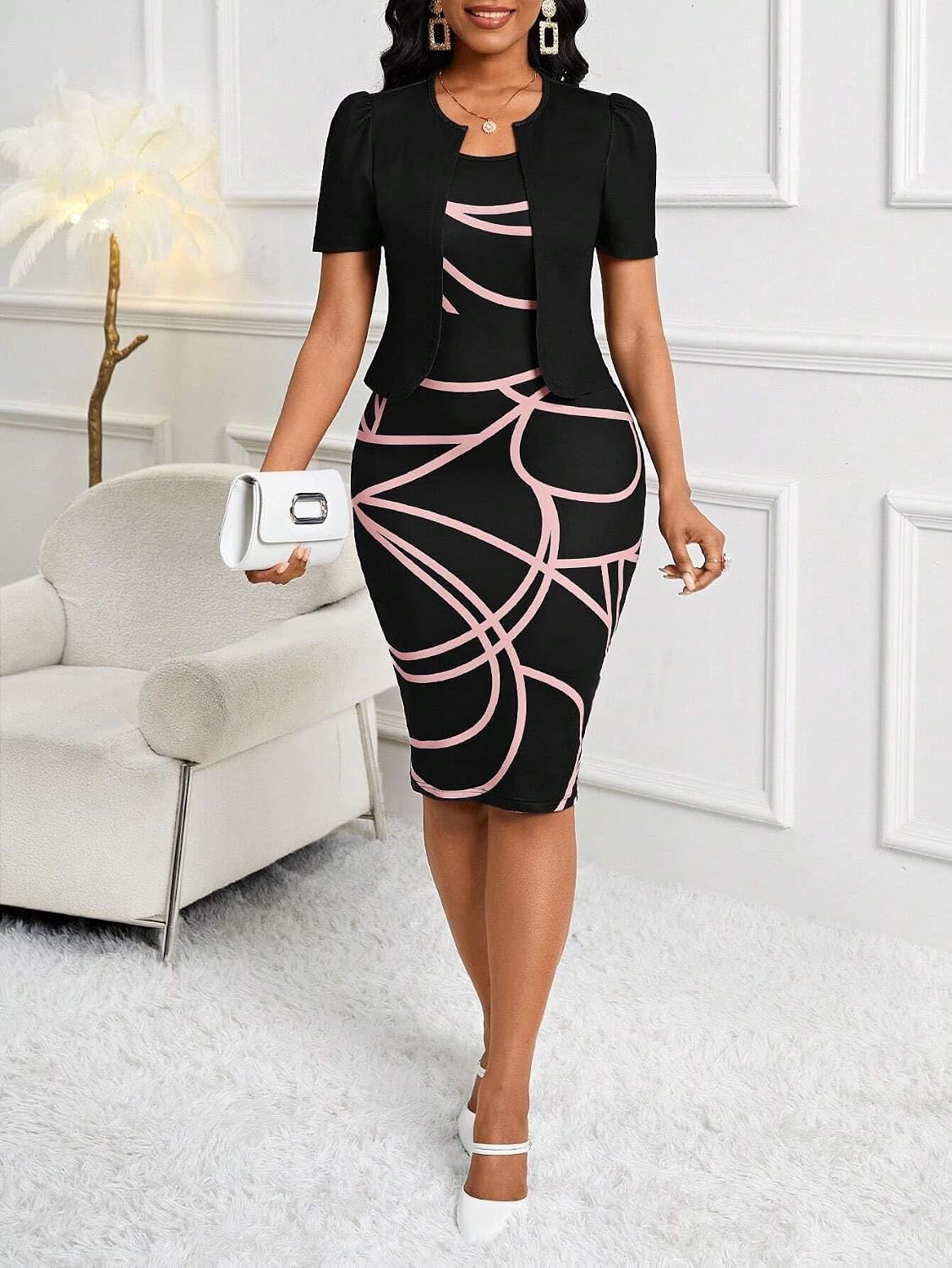 Womens Summer Sexy Two Piece Suit Set Dress Crew Neck Short Sleeves Print Pencil Bodycon Work Office Fashion Outfits