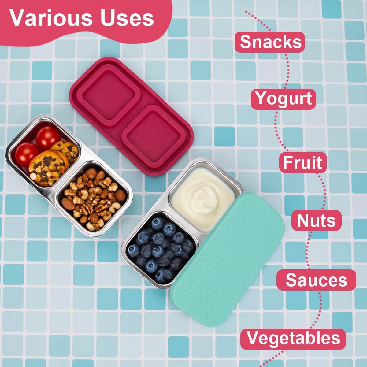 2-Compartment 10oz Stainless Steel Snack Containers, Reusable Snack Containers with Silicone Lids Lunch Box for Meal Prep Food Storage On-the-Go Snacking(2 Pack) - Image 5