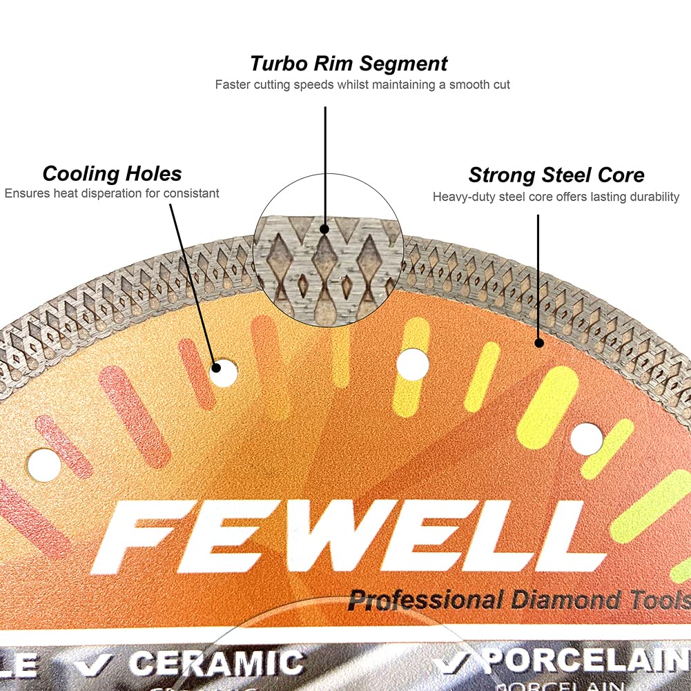 FEWELL Rueda de corte turbo de 17,78 cm, ultrafina, 1,6 mm, dientes X, hoja de diamante, corte en seco y húmedo de porcelana, azulejos y cerámica (1 unidad)