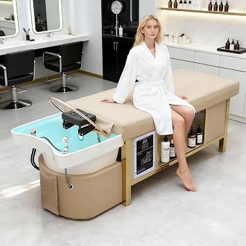 Massage shampoo bed with integrated head spa, steam and water circulation | LED light therapy, comfortable memory foam facial care bed, Japanese-style beauty bed, suitable for hair salons