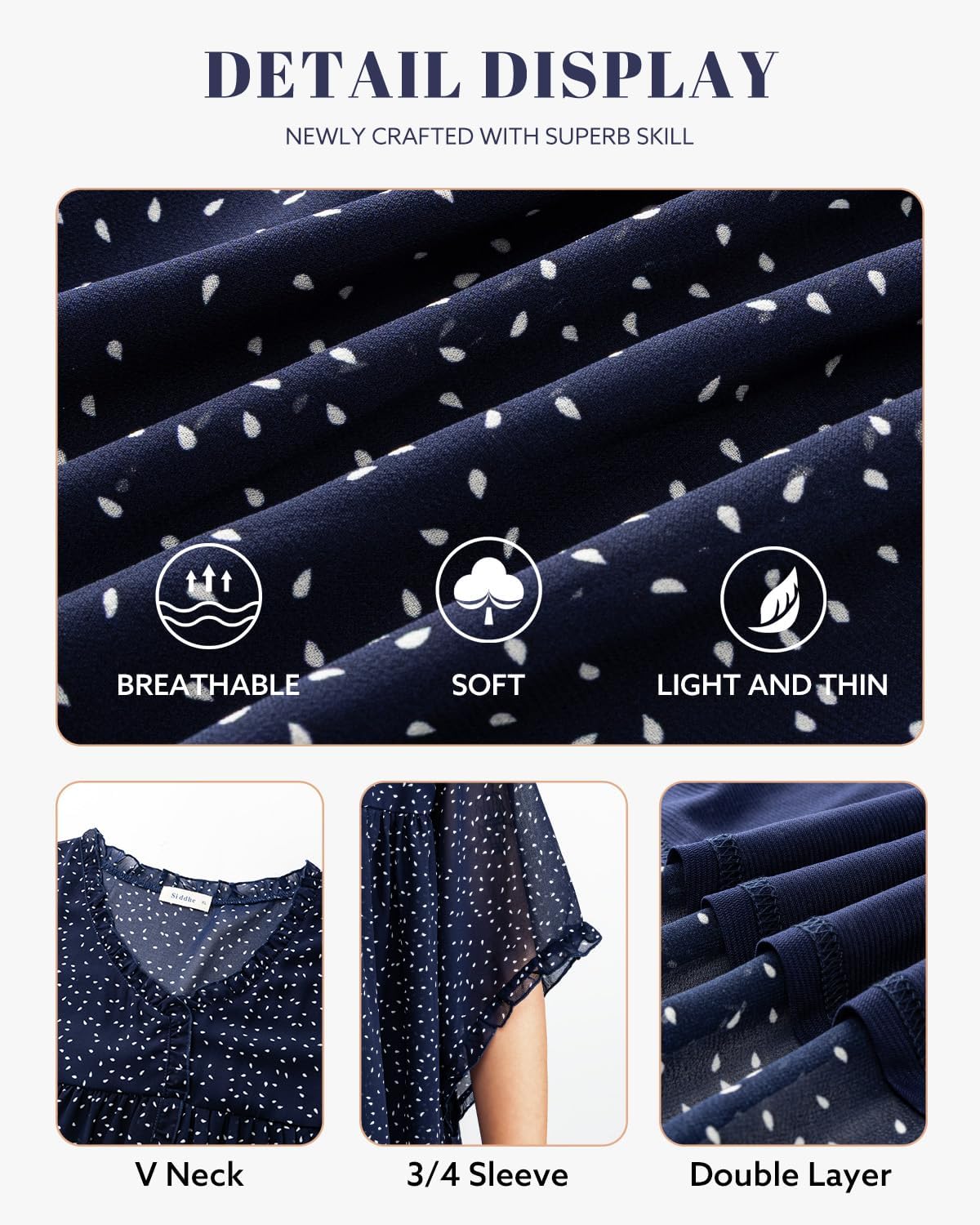 Siddhe Plus Size Tops 3/4 Sleeve V Neck Chiffon Blouses Loose Fit Spring Summer Dressy Boho Casual Tunic for Leggings(XL-5XL) - Image 5