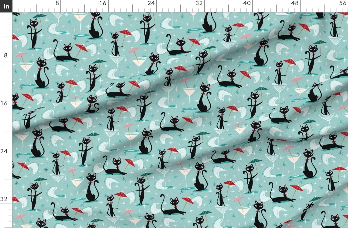 Spoonflower Fabric - Cocktail Umbrella Cats ‚Զ Cool 50S Kitsch Retro Black Vintage Style Printed on Organic Cotton Sateen Fabric by The Yard - Sewing Quilting Apparel Home Decor
