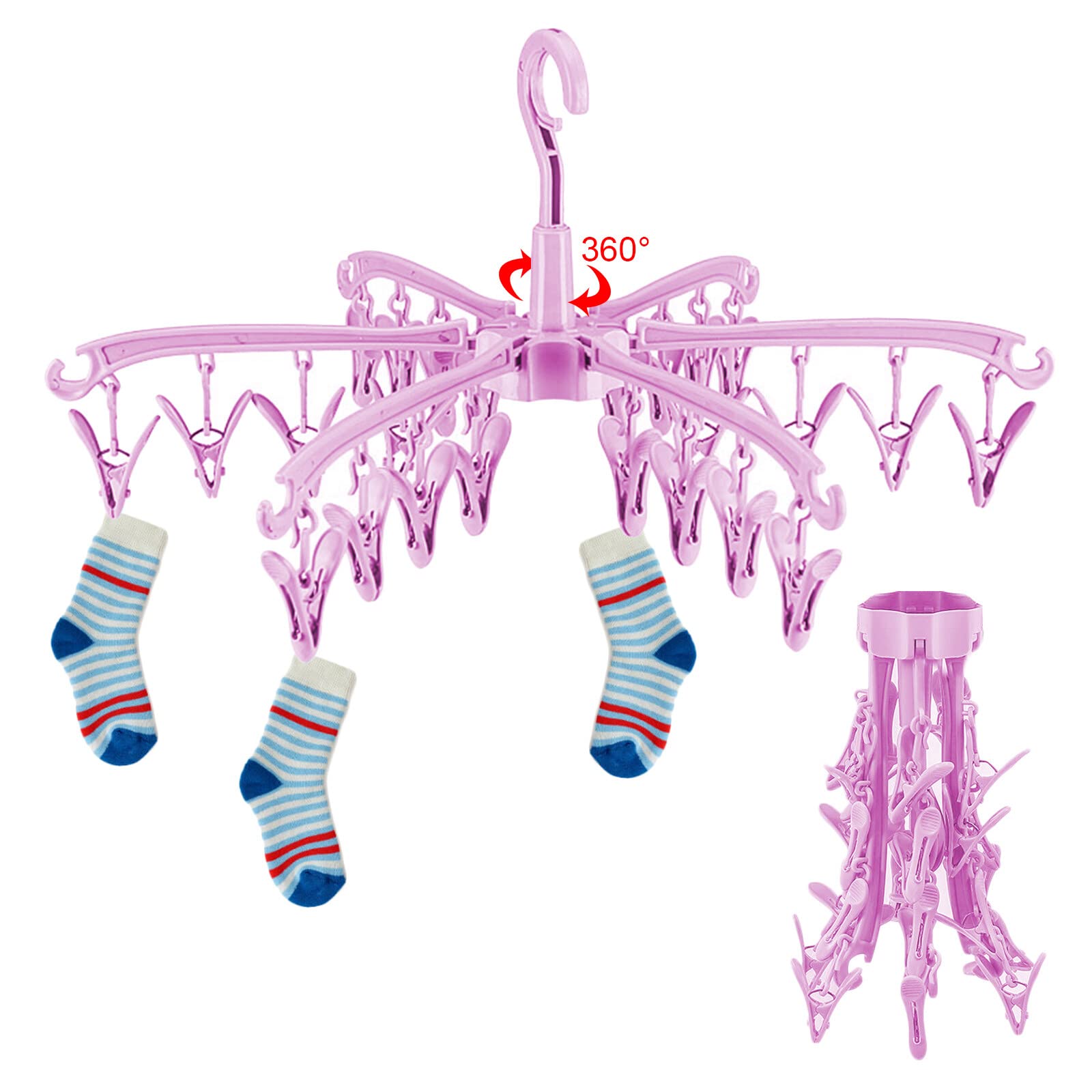 Gmedhc A-Rosa 360° Rotable Hanger, 24 Peg Sock Drying Racks, Folding Hangers With Clips For Underwear Socks Lingerie Baby Clothes (Pink)