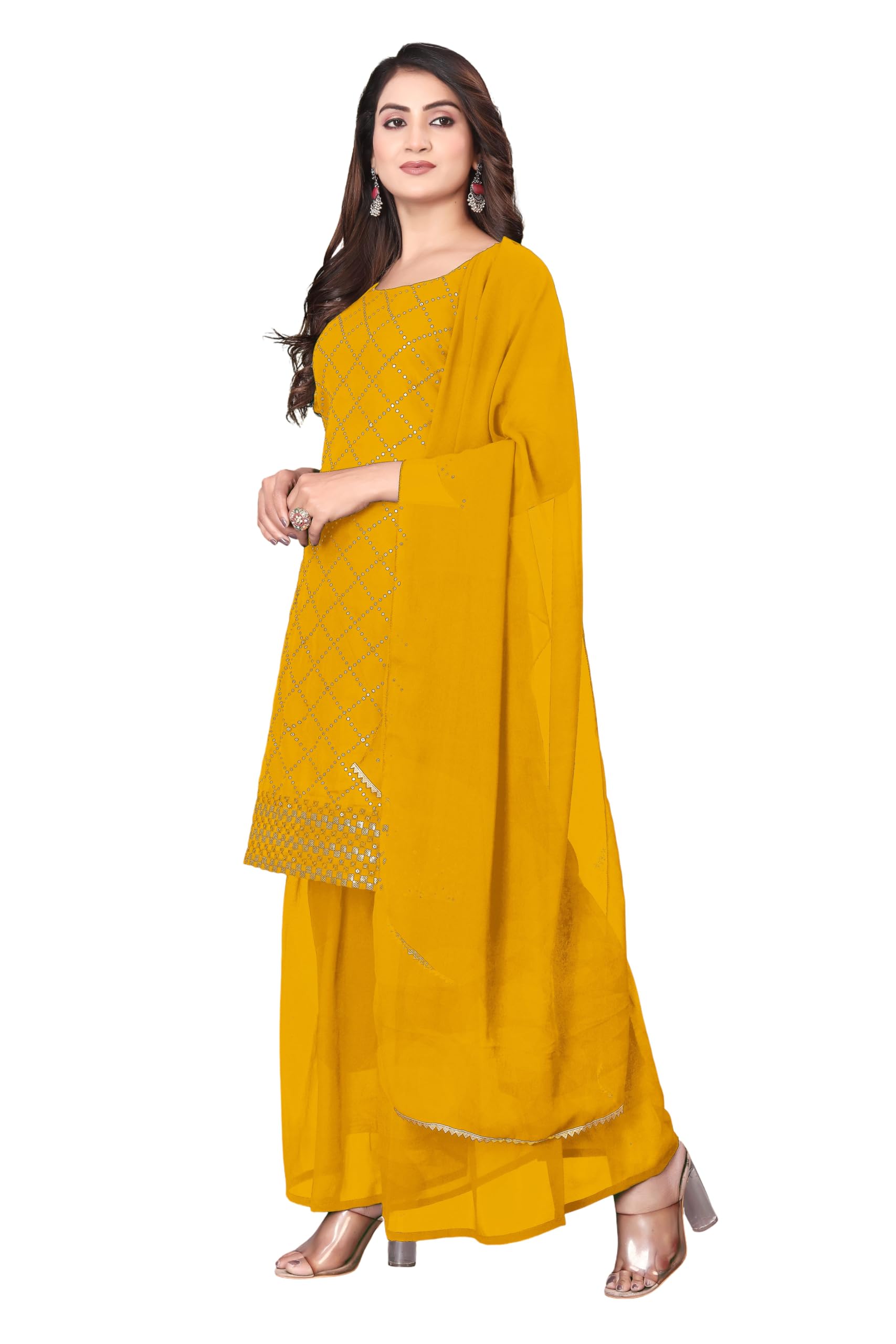 Women's Embellished Kurta Sharara Set with Dupatta | 3 Piece Ethnic Suit Set | Round Neck 3/4 Sleeves Festive & Traditional Outfit-image-19