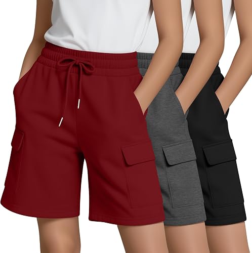 LessonZoo 3 Pack Girls' Cargo Bermuda Shorts, 3-Color, 9-10 Years
